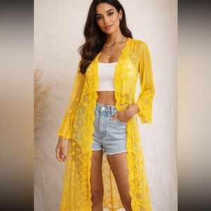 Fashion Nova Yellow Floral Lace Cardigan Plus Size 1X